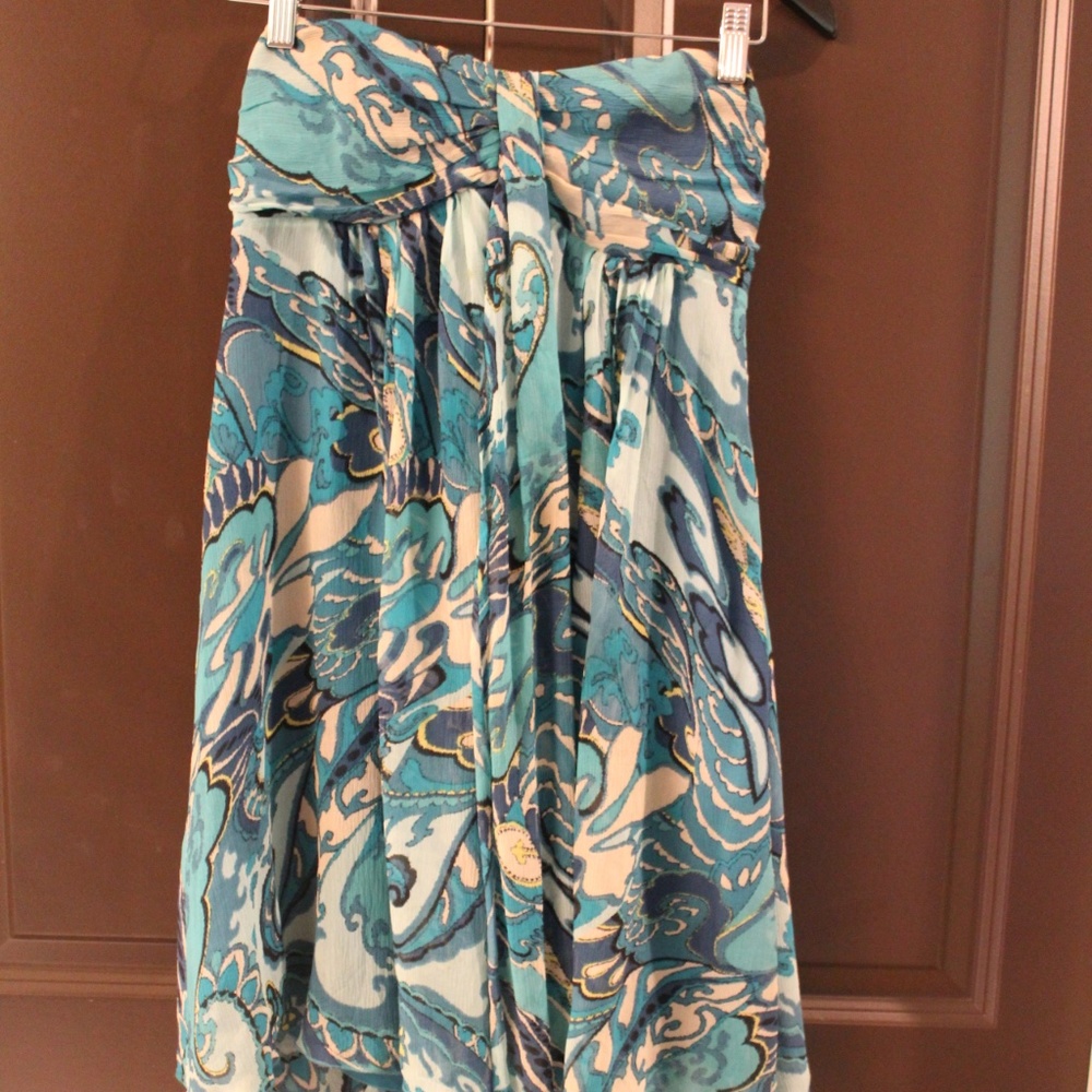Teal and tan chiffon strapless dress